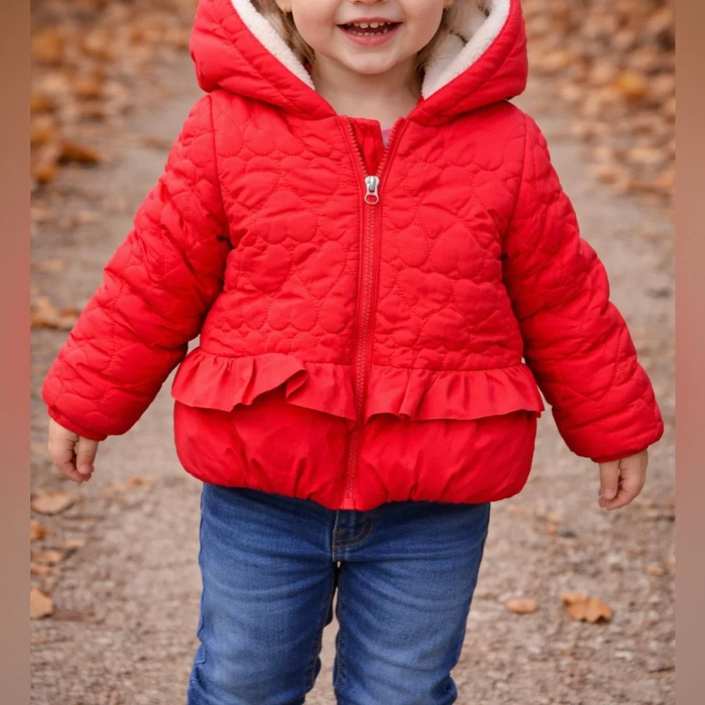 Jessica Simpson Toddler Red Puffer Jacket Ruffle Hooded Size 12 Months